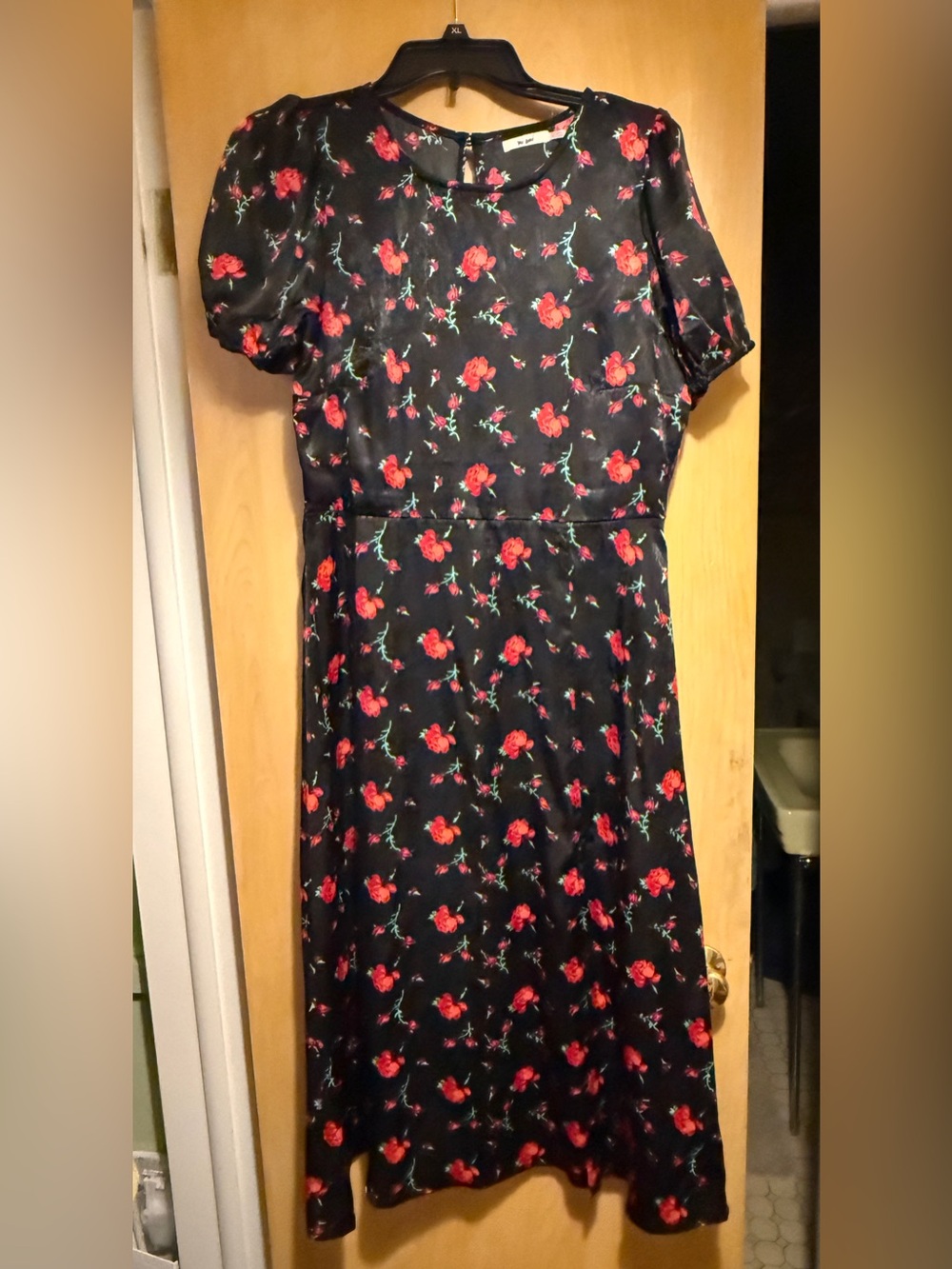 Francesca’s MiAmi Silky Black Floral Midi Dress with Red Rose Print
